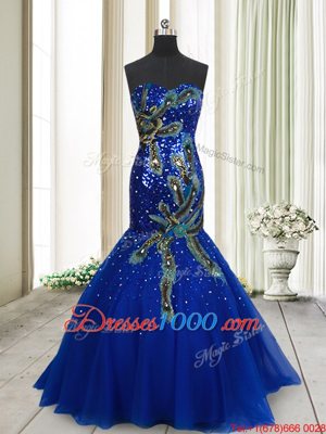 Blue Mermaid Tulle Sweetheart Sleeveless Beading and Appliques and Sequins Lace Up Homecoming Dress Brush Train