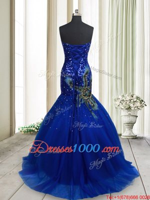 Blue Mermaid Tulle Sweetheart Sleeveless Beading and Appliques and Sequins Lace Up Homecoming Dress Brush Train