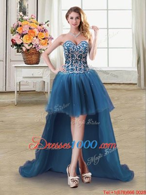 Noble Sweetheart Sleeveless Party Dress Wholesale High Low Beading and Sequins Teal Tulle