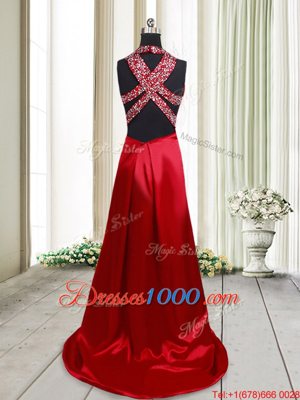 Unique Halter Top Beading Homecoming Dress Wine Red Criss Cross Sleeveless Brush Train