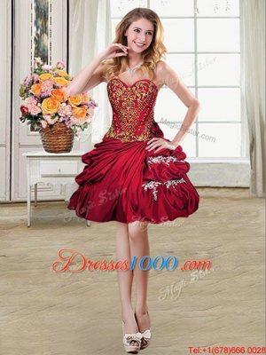 Fantastic Wine Red Ball Gowns Taffeta Sweetheart Sleeveless Beading and Appliques and Pick Ups Mini Length Lace Up Pageant Dress for Womens