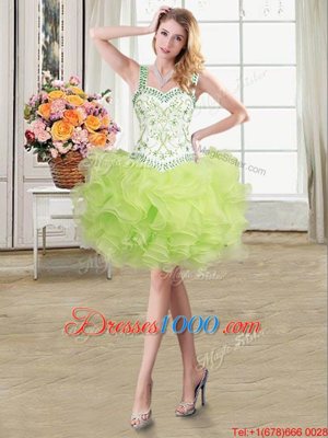 High Quality Yellow Green Ball Gowns Organza Straps Sleeveless Beading and Ruffles Floor Length Lace Up Cocktail Dresses
