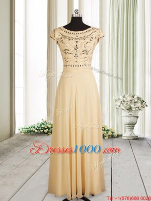 Scoop Cap Sleeves Chiffon Prom Gown Beading Zipper