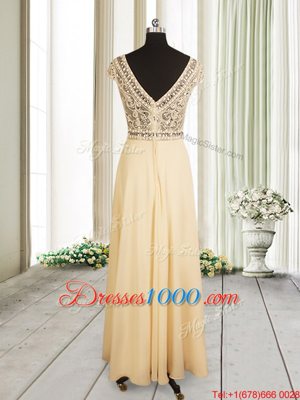 Scoop Cap Sleeves Chiffon Prom Gown Beading Zipper