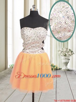 Wonderful Sleeveless Mini Length Beading and Sequins Zipper Homecoming Dress with Orange