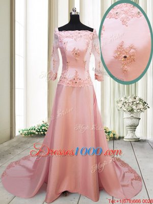 Decent Square Long Sleeves With Train Zipper Prom Dresses Peach and In for Prom and Party with Beading and Appliques Brush Train