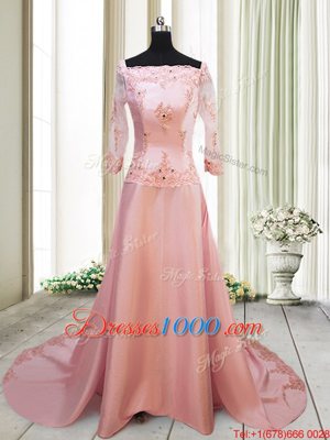 Decent Square Long Sleeves With Train Zipper Prom Dresses Peach and In for Prom and Party with Beading and Appliques Brush Train