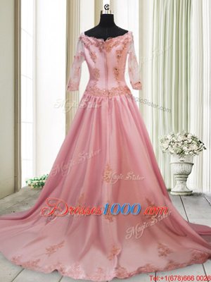 Decent Square Long Sleeves With Train Zipper Prom Dresses Peach and In for Prom and Party with Beading and Appliques Brush Train