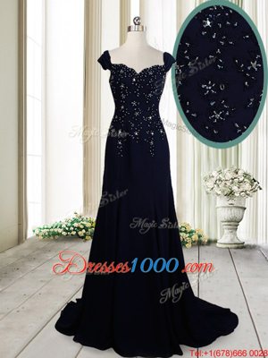 Excellent Straps Straps Navy Blue Zipper Prom Party Dress Beading Cap Sleeves Brush Train