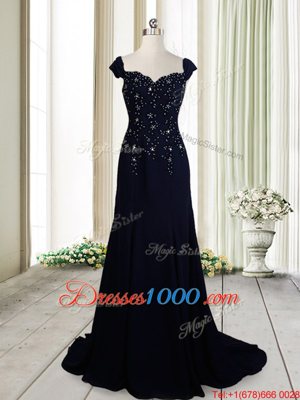 Excellent Straps Straps Navy Blue Zipper Prom Party Dress Beading Cap Sleeves Brush Train