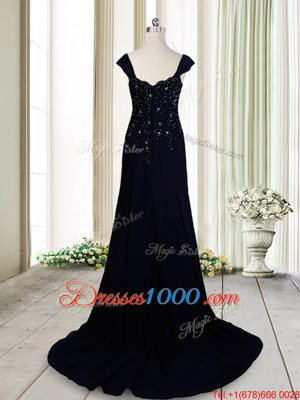 Excellent Straps Straps Navy Blue Zipper Prom Party Dress Beading Cap Sleeves Brush Train