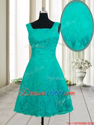 Hot Selling Square Sleeveless Mini Length Lace Zipper Evening Dress with Turquoise
