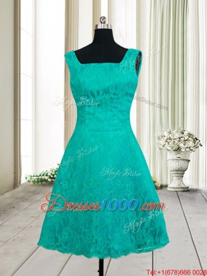 Hot Selling Square Sleeveless Mini Length Lace Zipper Evening Dress with Turquoise