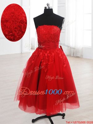 Red Organza Lace Up Homecoming Dress Sleeveless Knee Length Embroidery
