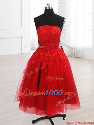 Red Organza Lace Up Homecoming Dress Sleeveless Knee Length Embroidery