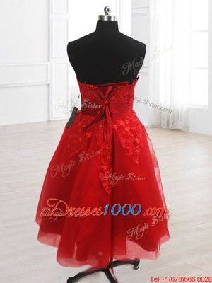 Red Organza Lace Up Homecoming Dress Sleeveless Knee Length Embroidery