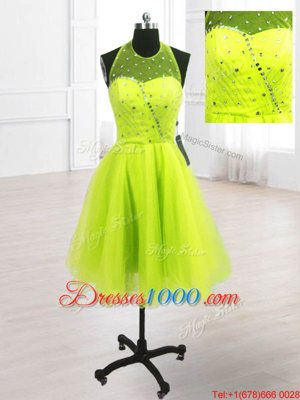 Yellow Green Lace Up Homecoming Gowns Sequins Sleeveless Knee Length