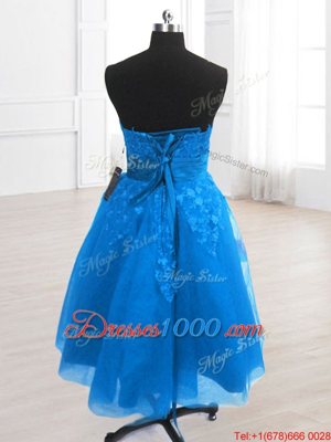 Nice Knee Length Blue Club Wear Organza Sleeveless Embroidery