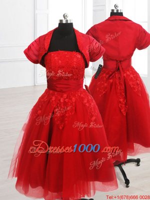 Chic Red Strapless Neckline Embroidery Prom Party Dress Short Sleeves Lace Up