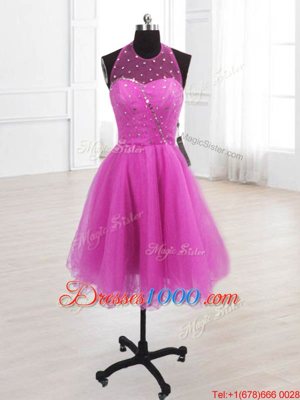 Fabulous Fuchsia High-neck Neckline Sequins Cocktail Dress Sleeveless Lace Up