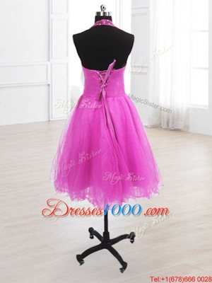 Fabulous Fuchsia High-neck Neckline Sequins Cocktail Dress Sleeveless Lace Up