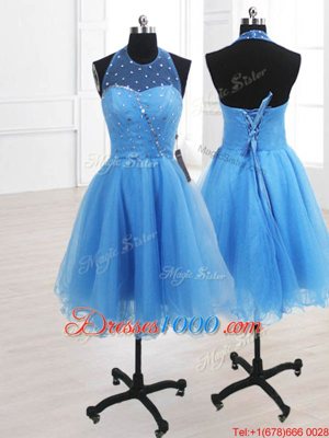 Sequins Knee Length Baby Blue Cocktail Dresses High-neck Sleeveless Lace Up