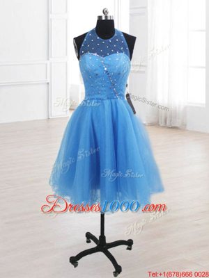 Sequins Knee Length Baby Blue Cocktail Dresses High-neck Sleeveless Lace Up
