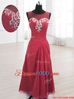 Sweet Chiffon Scoop Sleeveless Lace Up Beading and Ruching Dress for Prom in Wine Red