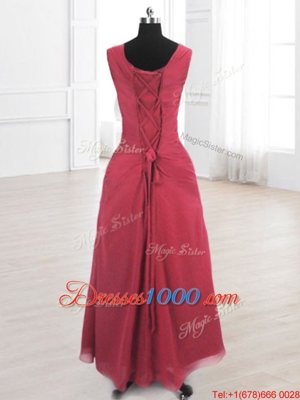 Sweet Chiffon Scoop Sleeveless Lace Up Beading and Ruching Dress for Prom in Wine Red