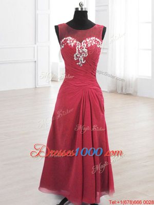 Sweet Chiffon Scoop Sleeveless Lace Up Beading and Ruching Dress for Prom in Wine Red