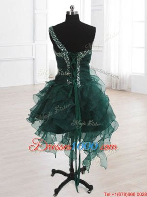 Wonderful One Shoulder Peacock Green Sleeveless Knee Length Beading and Ruffles Lace Up Oscars Dresses