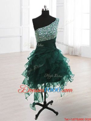Wonderful One Shoulder Peacock Green Sleeveless Knee Length Beading and Ruffles Lace Up Oscars Dresses