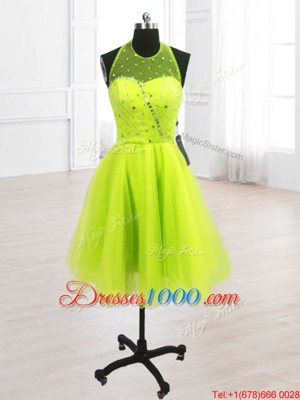 Pretty High-neck Sleeveless Prom Dresses Knee Length Sequins Yellow Green Organza