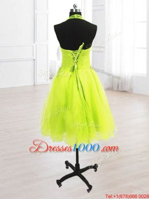 Pretty High-neck Sleeveless Prom Dresses Knee Length Sequins Yellow Green Organza
