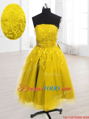 Modest Sleeveless Knee Length Embroidery Lace Up Party Dress for Toddlers with Yellow