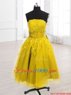 Modest Sleeveless Knee Length Embroidery Lace Up Party Dress for Toddlers with Yellow