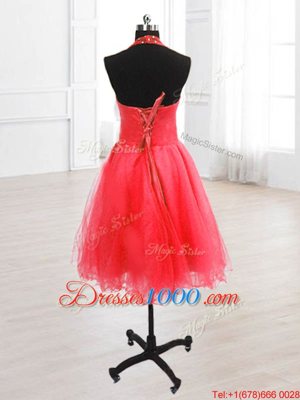 Beauteous High-neck Sleeveless Prom Party Dress Knee Length Sequins Coral Red Organza