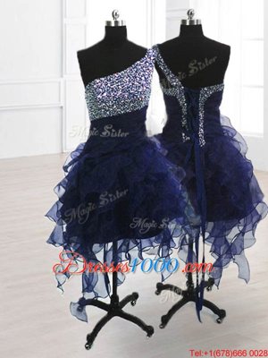 One Shoulder Navy Blue A-line Beading Junior Homecoming Dress Lace Up Organza Sleeveless Knee Length