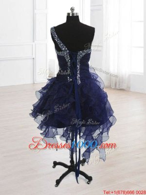 One Shoulder Knee Length Navy Blue Club Wear Organza Sleeveless Beading