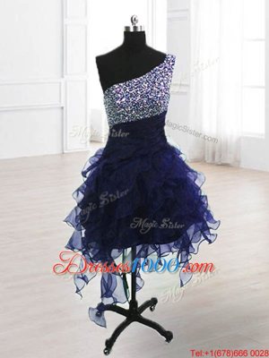One Shoulder Knee Length Navy Blue Club Wear Organza Sleeveless Beading