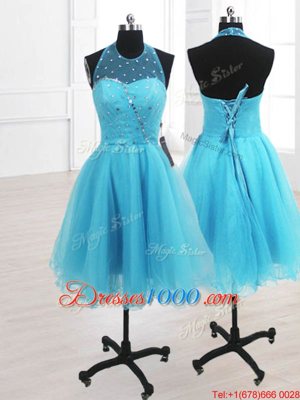 Organza High-neck Sleeveless Lace Up Ruffles Homecoming Dress Online in Baby Blue