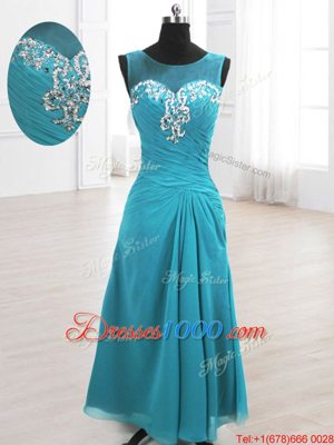 Exceptional Scoop Teal Sleeveless Floor Length Beading and Ruching Lace Up Prom Dresses