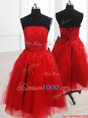 Red A-line Organza Strapless Sleeveless Embroidery Knee Length Lace Up Prom Dress