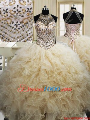Fashion Halter Top Champagne Sleeveless Floor Length Beading and Ruffles Lace Up Quinceanera Gown