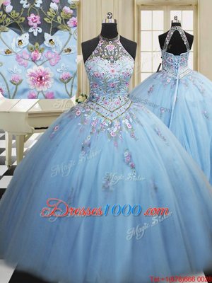 Glamorous Light Blue Tulle Lace Up High-neck Sleeveless Floor Length 15th Birthday Dress Embroidery