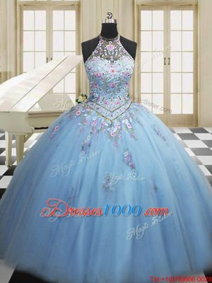 Glamorous Light Blue Tulle Lace Up High-neck Sleeveless Floor Length 15th Birthday Dress Embroidery