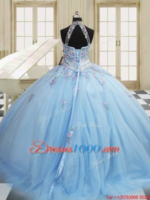 Glamorous Light Blue Tulle Lace Up High-neck Sleeveless Floor Length 15th Birthday Dress Embroidery