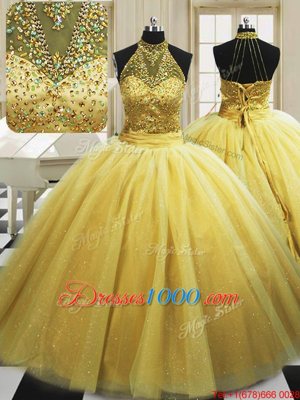 Yellow Tulle Lace Up High-neck Sleeveless With Train Sweet 16 Dresses Sweep Train Beading