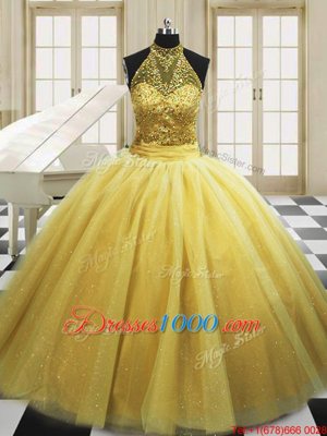 Yellow Tulle Lace Up High-neck Sleeveless With Train Sweet 16 Dresses Sweep Train Beading