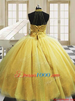 Yellow Tulle Lace Up High-neck Sleeveless With Train Sweet 16 Dresses Sweep Train Beading